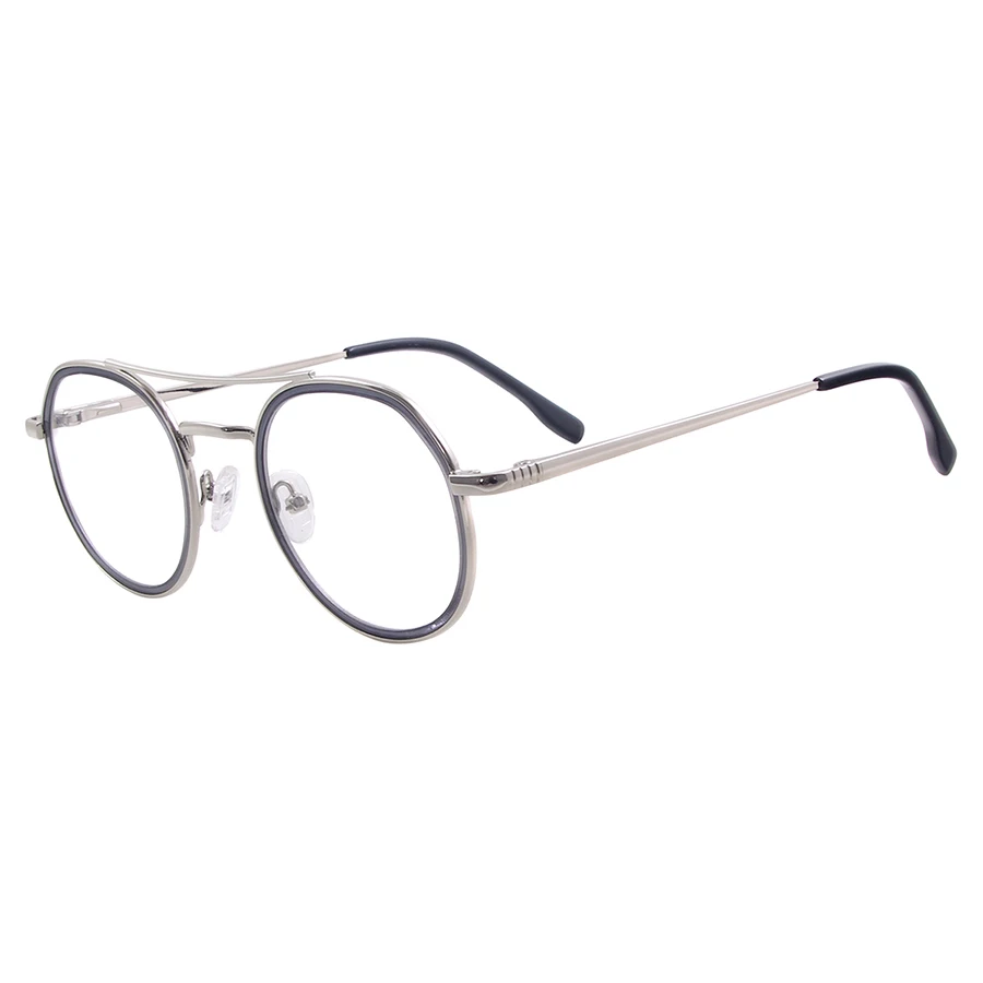 Men Women Round Vintage Eyeglasses Metal Full Rim Double Bridge Spectacles with Spring Hinge For Prescription Lenses - Цвет оправы: Серебристый