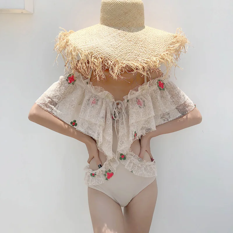 

One Piece Swimsuit Woman Swimwear With Push Up For Women 2019 Beachwear Feeling Lace Leaf Cover Showing Slender High Waist Solid