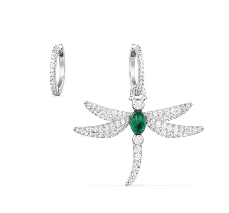 

925 Sterling Silver Dragonfly Asymmetric Earrings Inlayed Green Red Blue Cubic Zirconia for Women Insect Monaco Jewelry