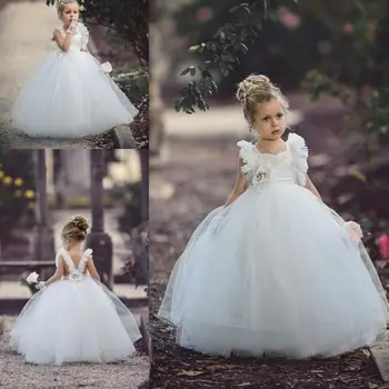 

Royal Flower Girl Dress for Wedding 2018 Satin Gold Lace Appliques Beaded Ball Gown Girl Party Communion Dress Pageant Gowns