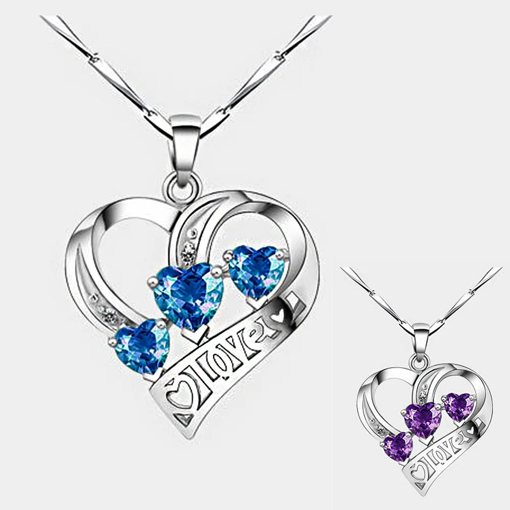 

Simple Three Heart Pendant Necklace For Women Blue Exquisite crystal Necklaces & Pendants 925 Sterling Silver Jewelry love gift