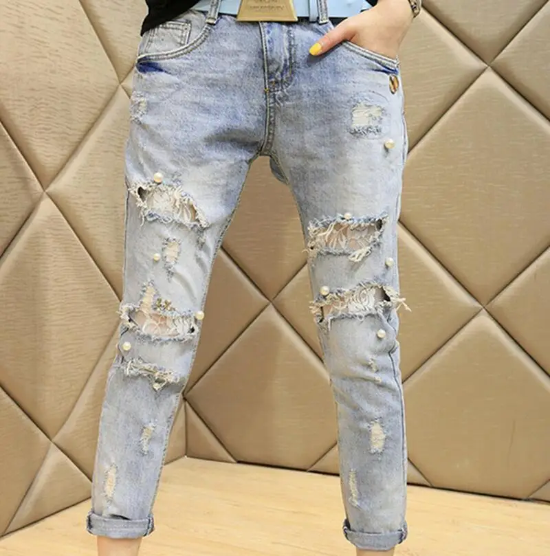 Lace Nail Beaded Pants Jeans 2017 new ladies nine pants fashion Hole Cross pants denim pants