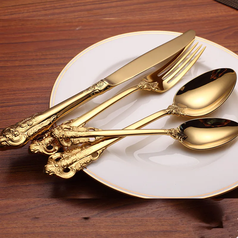 

24pcs/set New Luxury Royal Style Stainless Steel Gold Plated Flatware Set Cutlery Tableware Dinner Knives Fork Spoon Dinnerware