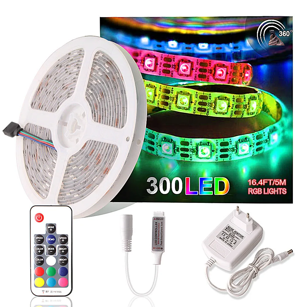 

5M RGB LED Strip 5050 17Key RF Remote Controller Waterproof 12V Tiras LED RGB Tape Ribbon Diode Led Neon Light Power Adapter Set