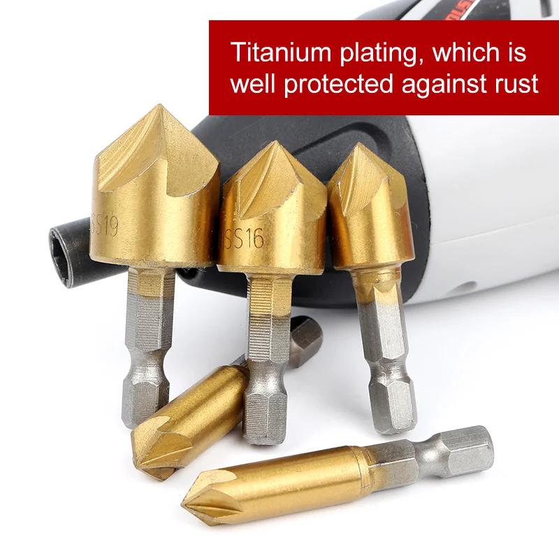 Round shank 5 Flute HSS Hard Metals natural color Five Edge Chamfer Chamfering End Mill Cutter Countersink Drill Bit