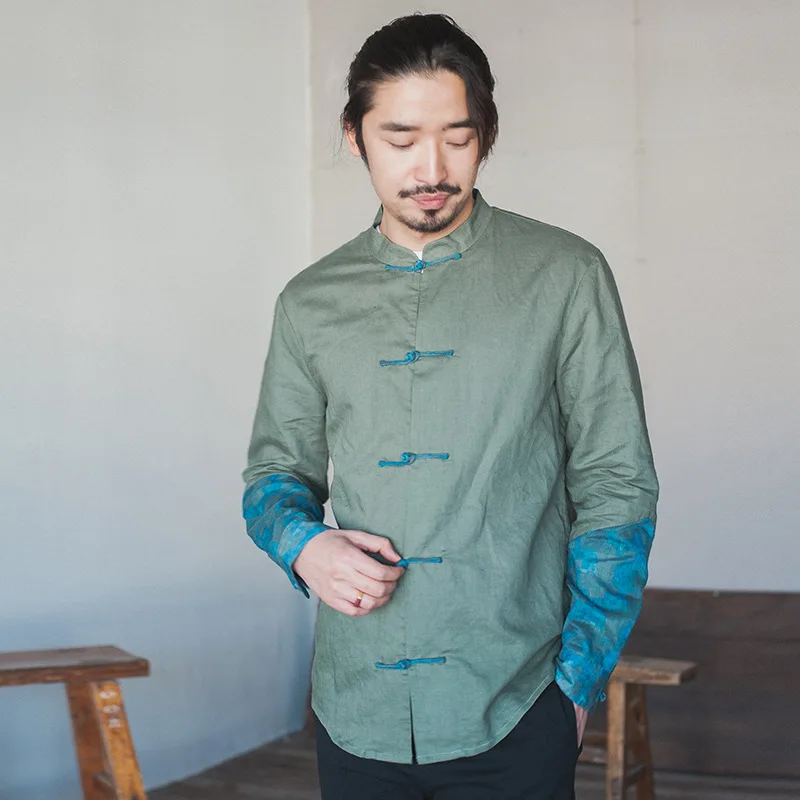 

New Men's Cotton Linen Chinese Style New Cuff Stitching Printing Stand Collar Casual Men's Long Sleeve Shirt