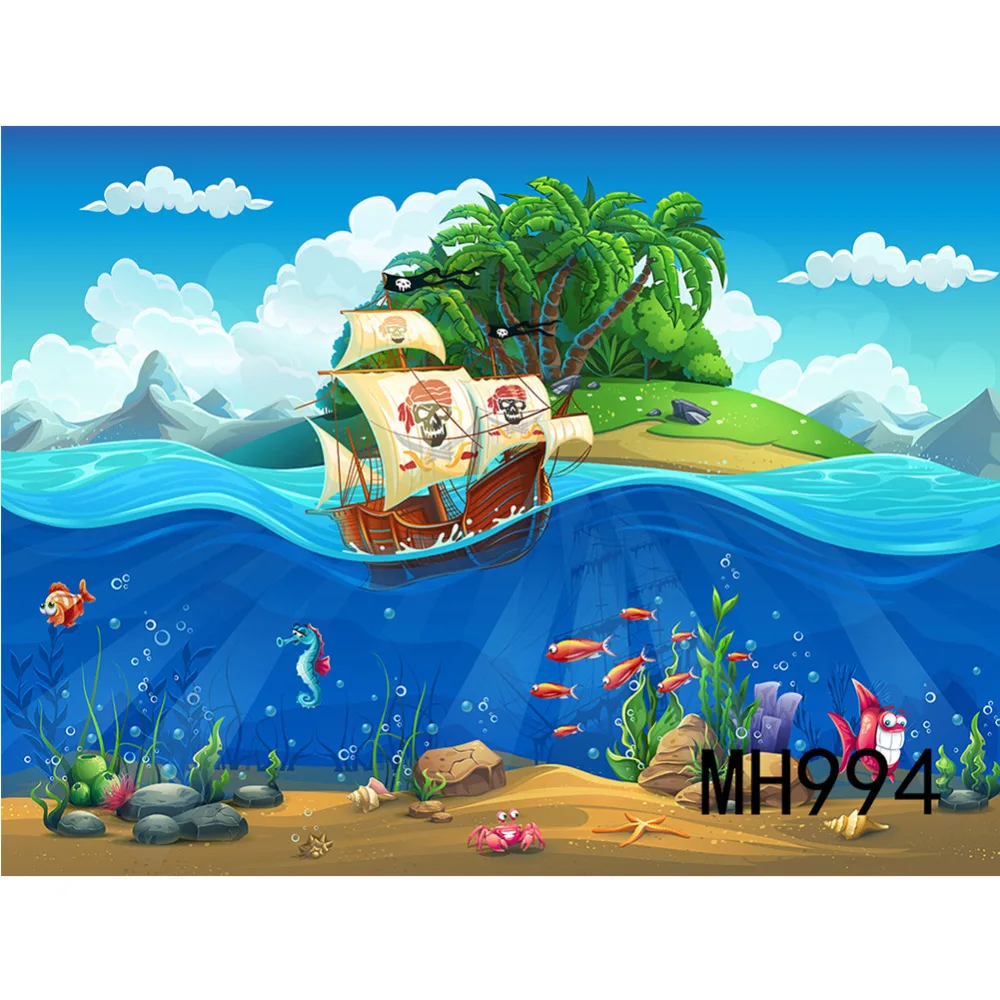 

Polyester Cartoon Pirate Ship Seahorse Crab Background Photography Studio Photo Props Photographic Seamless Washable No Crease