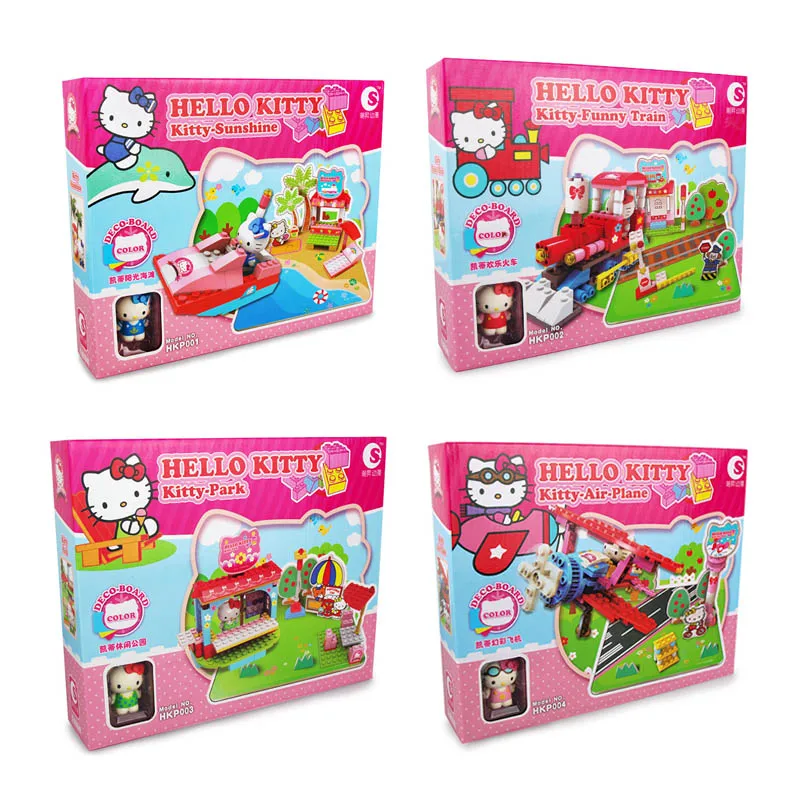 

4sets/lot Hello Kitty Blocks Building Blocks Set Kitty Park Sunshine Funny Train Airplane Bricks Figure Girl Mini Blocks Toy