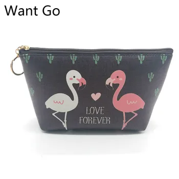 

Want Go New Design Cartoon Printing Women Pillow Cosmetic Bag Classic Lady Flamingos Zipper Makeup Case PU Leather Storage Bags