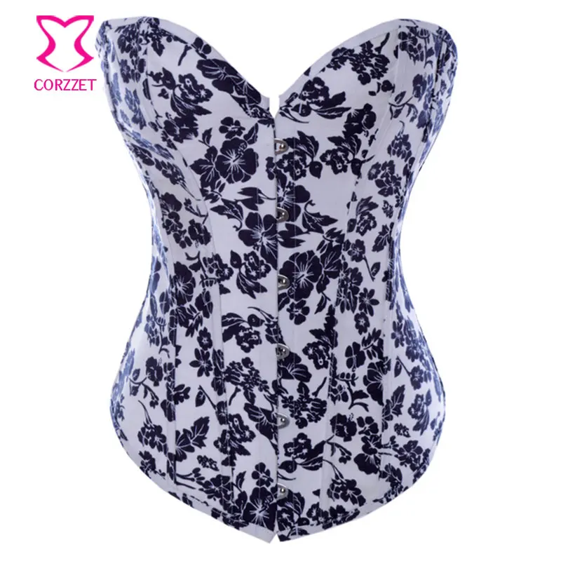 

White Floral Denim Body Shapewear Overbust Bustier Corset Tight Lacing Sexy Burlesque Costumes Gothic Corsets Clothing For Women