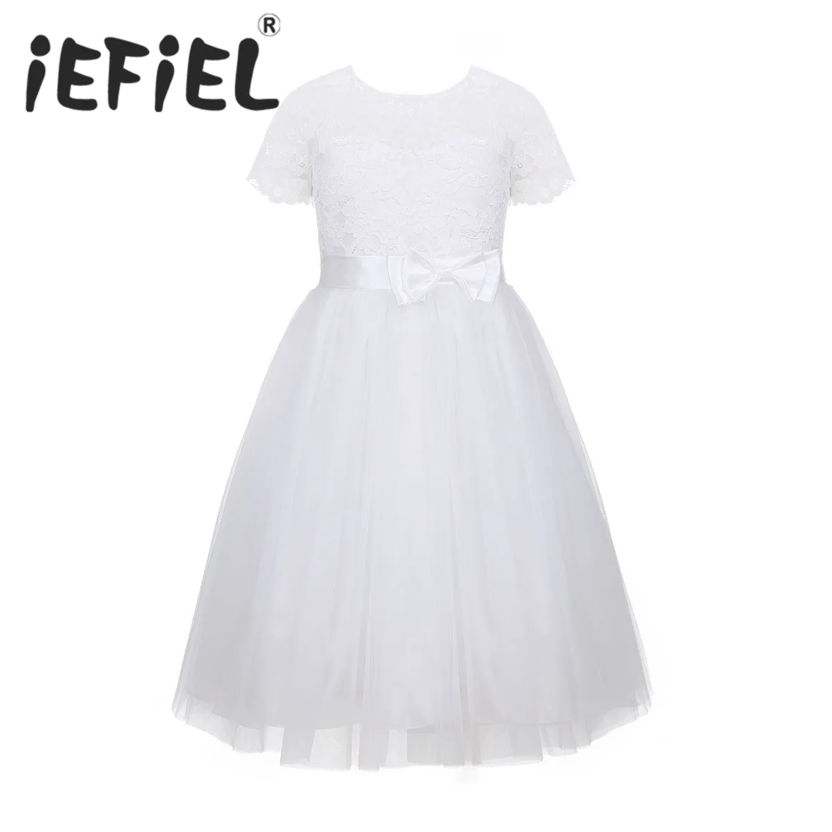 

Children Kids Girls Lace Short Sleeves Lace-up Back Flower Girls Dress Princess Pageant Wedding Bridesmaid Birthday Party Dress