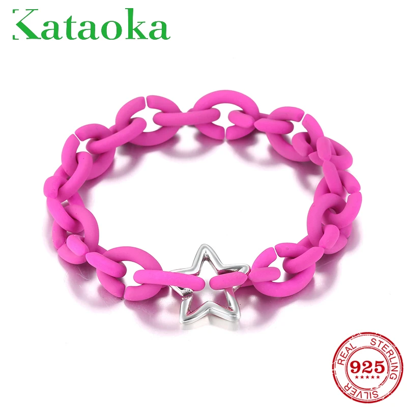 

Valentine's Day Gift 925 Sterling Silver Rose Pink Hard Rubber X Bracelets For Women Jewellery European Bracelet Men Jewelry