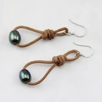 

Perfect Leather Pearl Jewellery,AA 10mm Rice Genuine Freshwater Pearl Real Leather Earrings,925 Silver Dangle Earring