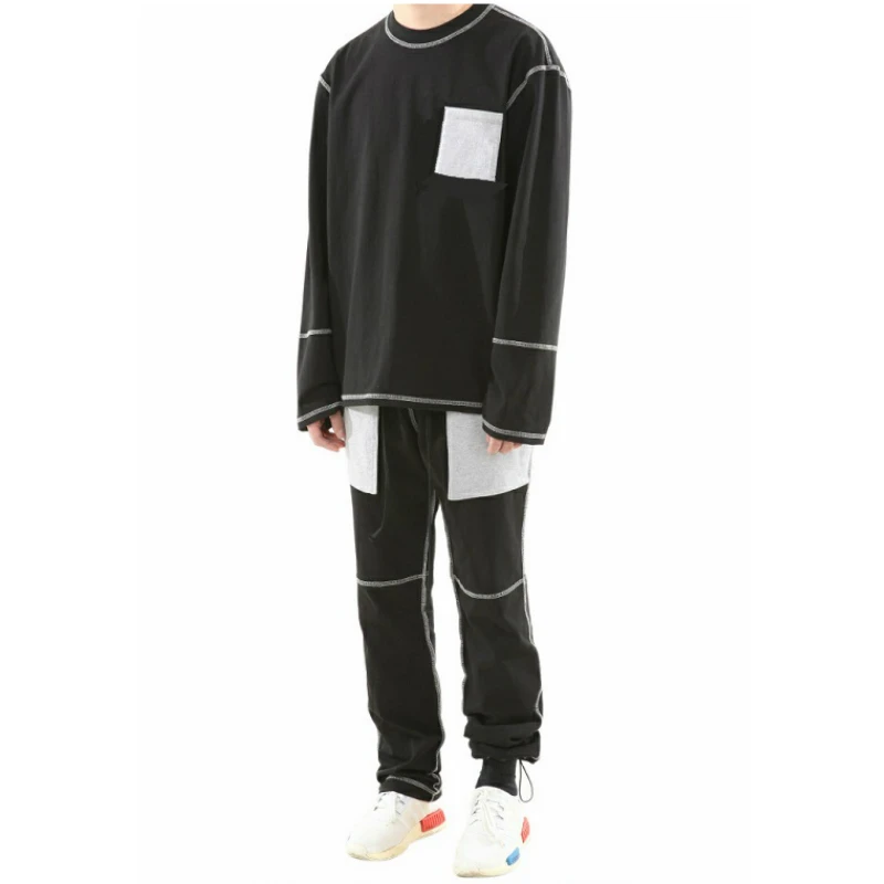 

Exposed Pocket Long Sleeve T-shirt Contrast Stitching Tee Hip Hop Relaxed Fit Streetwear