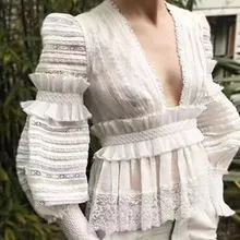 2019 V Neck Sexy Women Blouses Puff Sleeve Solid Blouse Femme Perspective Hollow Out Ruffles Shirt