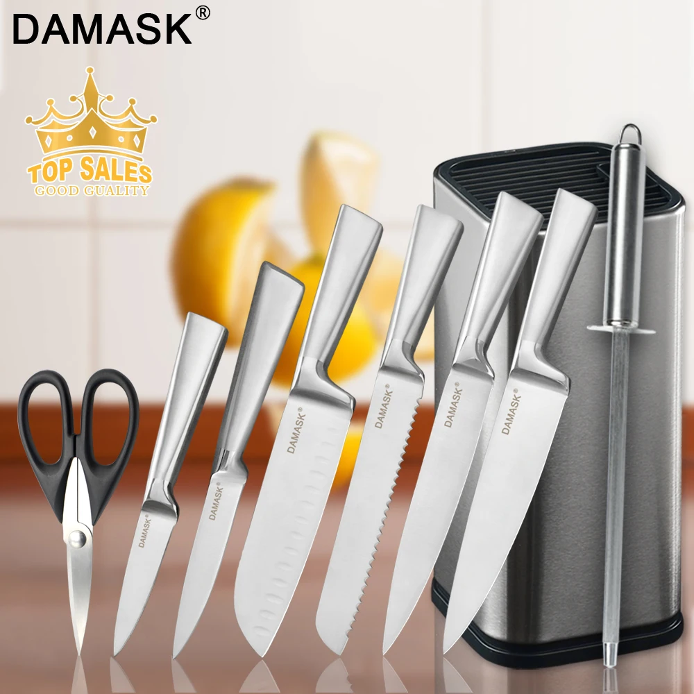 

Damask Stainless Steel Kitchen Knives Set Fruit Utility Santoku Bread Slicing Chef Knife Scissors & Sharpener & Knife Holder