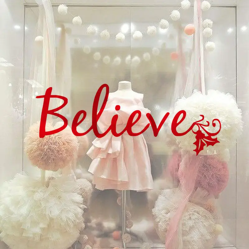 

57X20CM Christmas Holiday Decorative Wall Decal Believe Quote Home Living Room Sticker Art Curving Window Shop Sticker YO-96