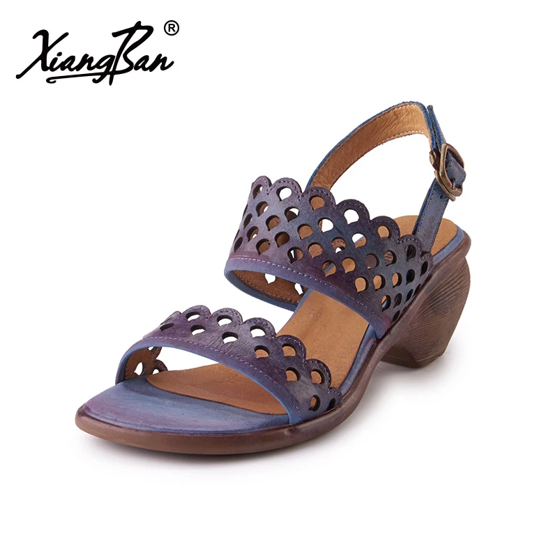 

2019 summer leather sandals woman fashion high heeled vintage hollow sandals peep toe comfort thick heel women sandals Xiangban