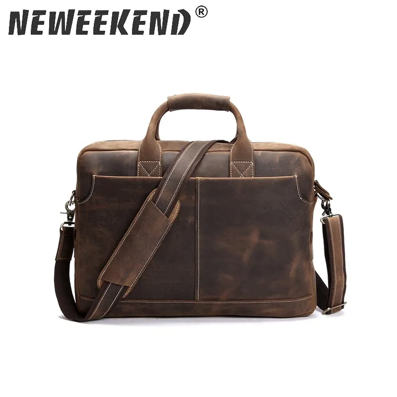 

NEWEEKEND Retro Casual Leather Crazy Horse Multi-Pocket 15.6 Inch Cowhide Handbag Crossbody Laptop Briefcase Bag for Man LS-0179