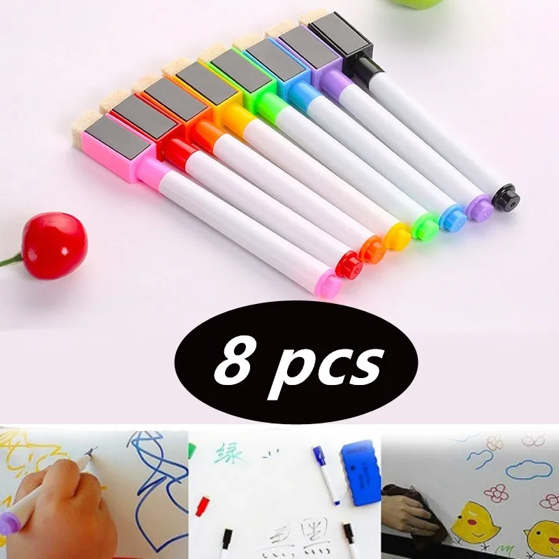 

8pcs/set Magnetic Whiteboard Pens Dry Wipe White Board Markers Pens Magnet Built In Eraser Environmental Office Pen Drawing Toys