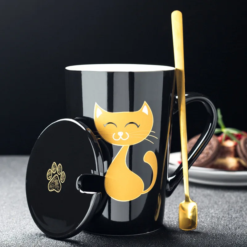 420 мл, новинка, милая керамическая кофейная кружка с котом, с крышкой, ложкой, кружки с животными, креативная посуда для девочек, кофейные чайные чашки, новые подарки, чашка для молока - Цвет: Mug Set