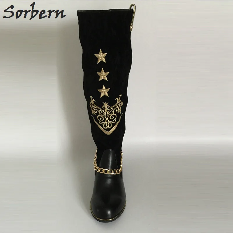 

Sorbern Black Low Heels Round Toe Knee High Boots Luxury Embroidered Army Boots Women Winter Shoes Women With Chain 2018 New
