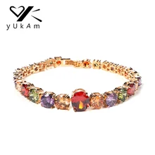 YUKAM ювелирные изделия зеленый красный круглый кристалл теннис браслеты шампанское золото Iced Out AAA кубический циркониевые браслеты для женщи