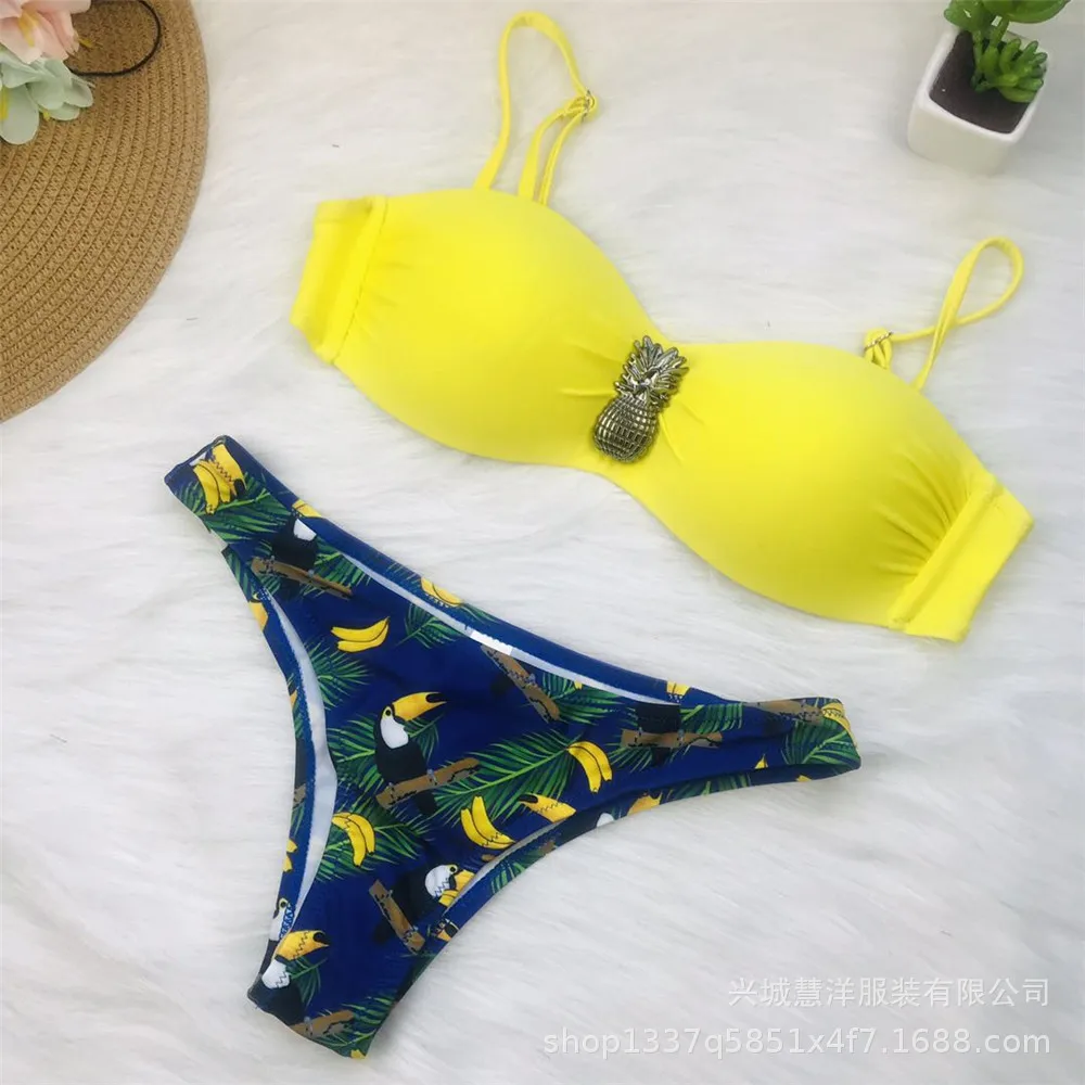 Bikinis Push up Sexy 2019 Neon Female Bikini Adjustable Thin Strap Top With Tropical Flounce Panty Women Swimwear 5 Color Style 12