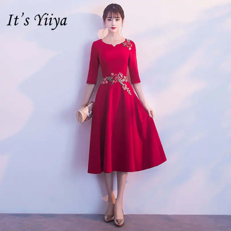 Это YiiYa цвет красного вина платье трапециевидной формы элегантные платья для выпускного вечера с вышивкой, половинный рукав, круглый вырез, короткий рукав, тонкий Вечерние платья H211 - Цвет: as picture