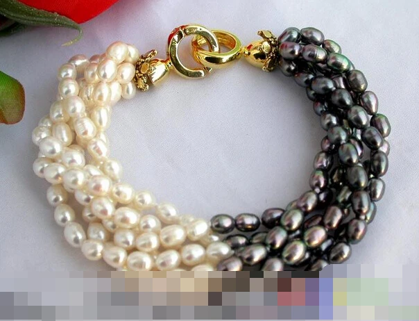

6ROW 8" rice white black FW pearl bracelet