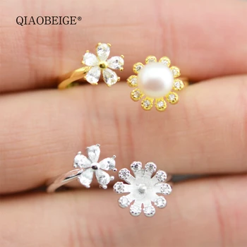 

QIAOBEIGE silver 925 ring diy small pearl fittings flower jewerlry accessories for women girls adjustable open ring china sale