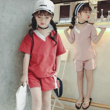 

Kids Clothes Set 2019 Summer Sports Suit Short Sleeve V-neck Shirt + Shorts 2pcs Teenage Girls Clothing Big Girls Outfits 10 12