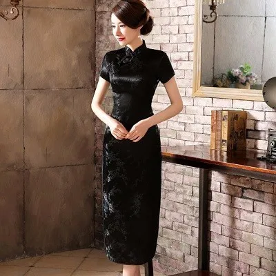 Традиционное китайское платье размера плюс S-6XL, чонсам, драконом Фениксом, длинное платье Ципао, сексуальное платье с разрезом, костюм танга, женское банкетное платье Ципао - Цвет: Black plum blossom