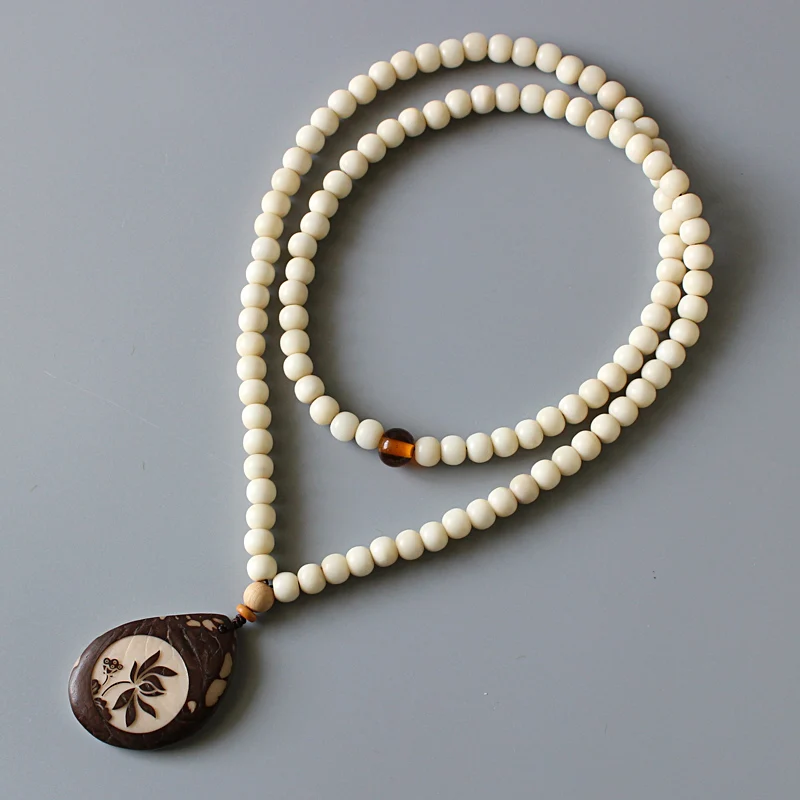 

Wholesale Ivory White 108mala Tagua Nut Beads Necklace With Artisan Carved Lotus Flower Pendant Zen Buddhism OM Beaded Jewelry