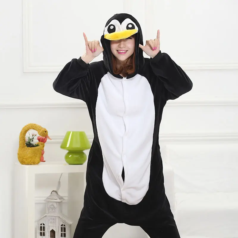 

Women Adult Penguin Kugurumi Onesie Funny Animal Cartoon Pajamas Party Jumpsuit Winter Black Warm Sleepwear Cute overalls Suit