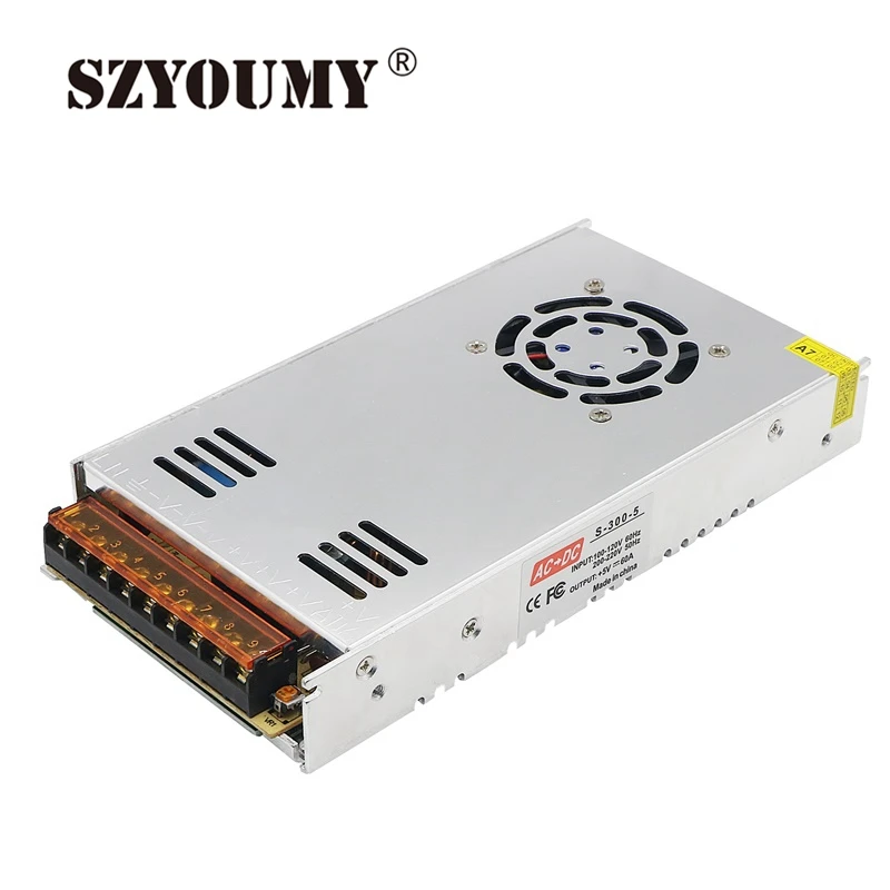 

SZYOUMY 5V 60A 300W Switching Power Supply Driver for 5V WS2812B WS2801 LED Strip Light AC 200-220V Input to DC 5V