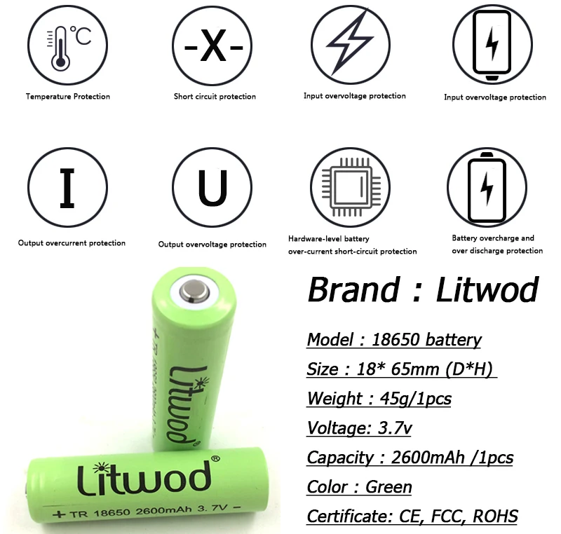 Litwod 3,7 V 2600 mAh 18650 литий-ионный аккумулятор для Светодиодный фонарь 2600 mAh батареи