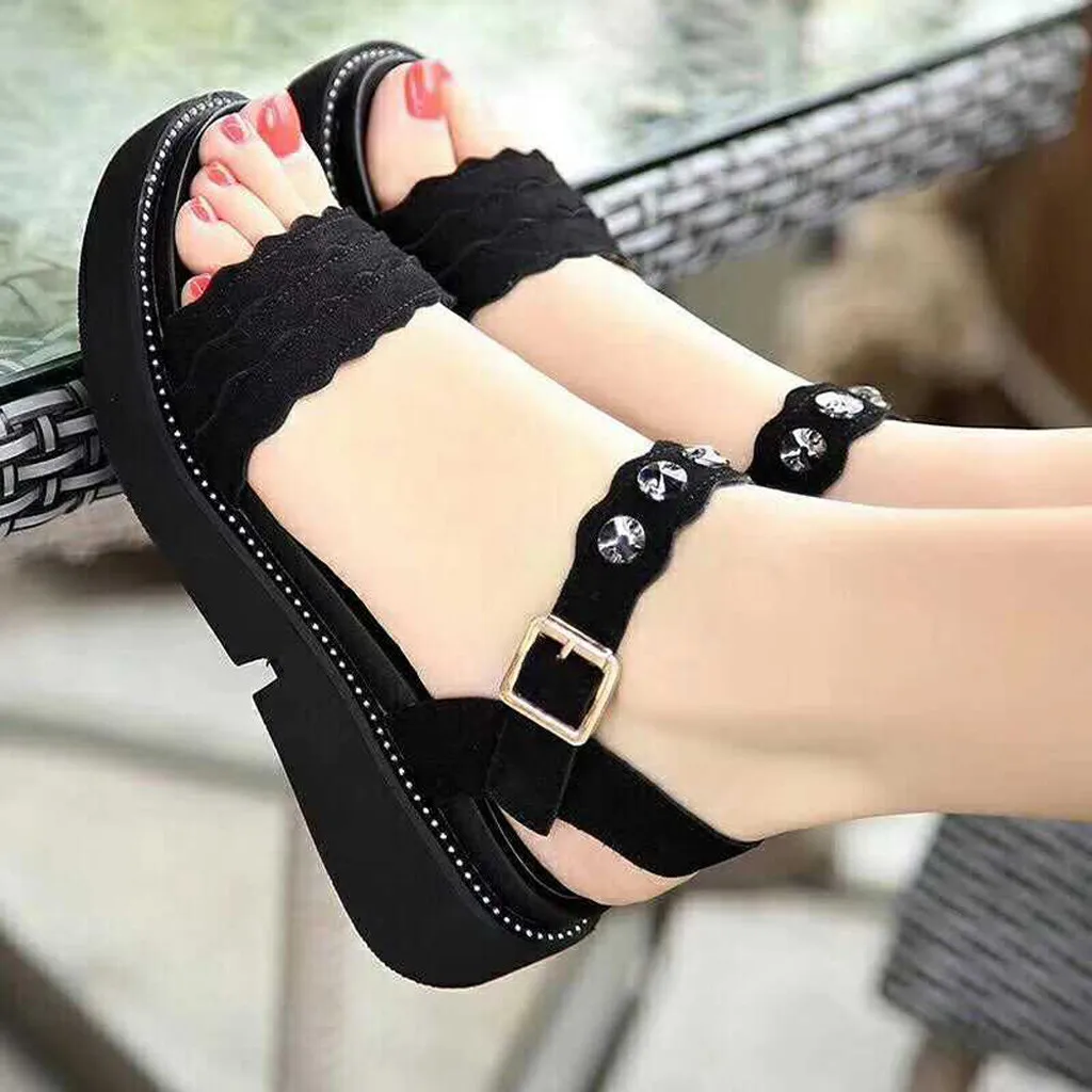 

xiniu Summer New Women Shoes Open Toe Rhinestone Flat Sandals Open Toe shoes Women's Beach Sandals Platform Black Shoes #0420