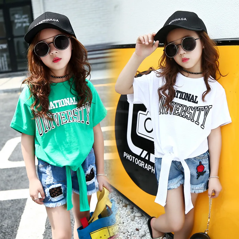 

2018 summer t-shirt white green cotton 12 years old girls clothes