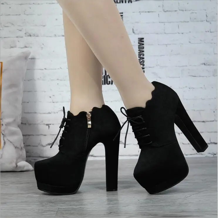 

2018 new autumn women super high heel flock black zipper boots female lace up bow tie with waterproof table 7 cm boots