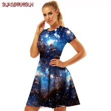 RAISEVERNV Vintage Space Galaxy 3D estilo de impresión de manga corta túnica Vestido de mujer rodilla-longitud Sundress atuendo ocasional vestidos Vestido