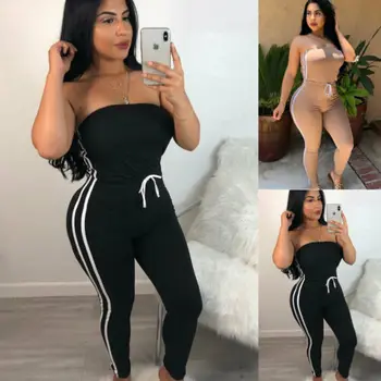 

Women Solid Fitness Sports Running Strapless Sleeveless Casual Summer Jumpsuit Romper