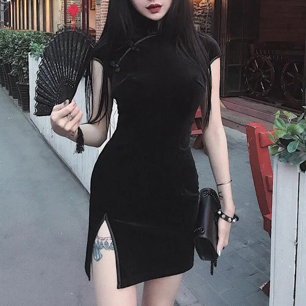

Women Gothic Punk Chinese Cheongsam Harajuku Bodycon Dress Vintage Split Dress