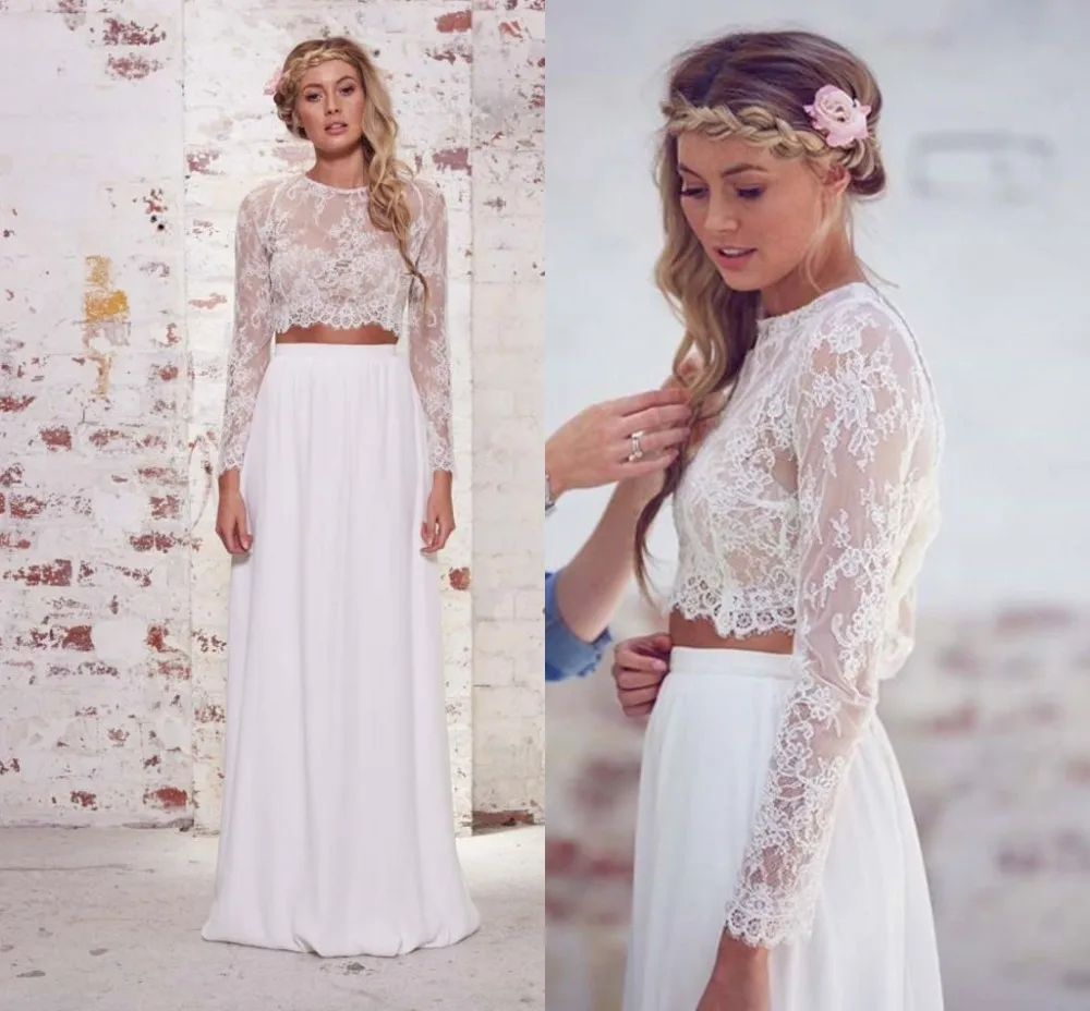 

Two Piece Beach 2018 Women Long Sleeves Romantic Sheer Lace Summer For Bridal Gown Vestido De Noiva bridesmaid dresses