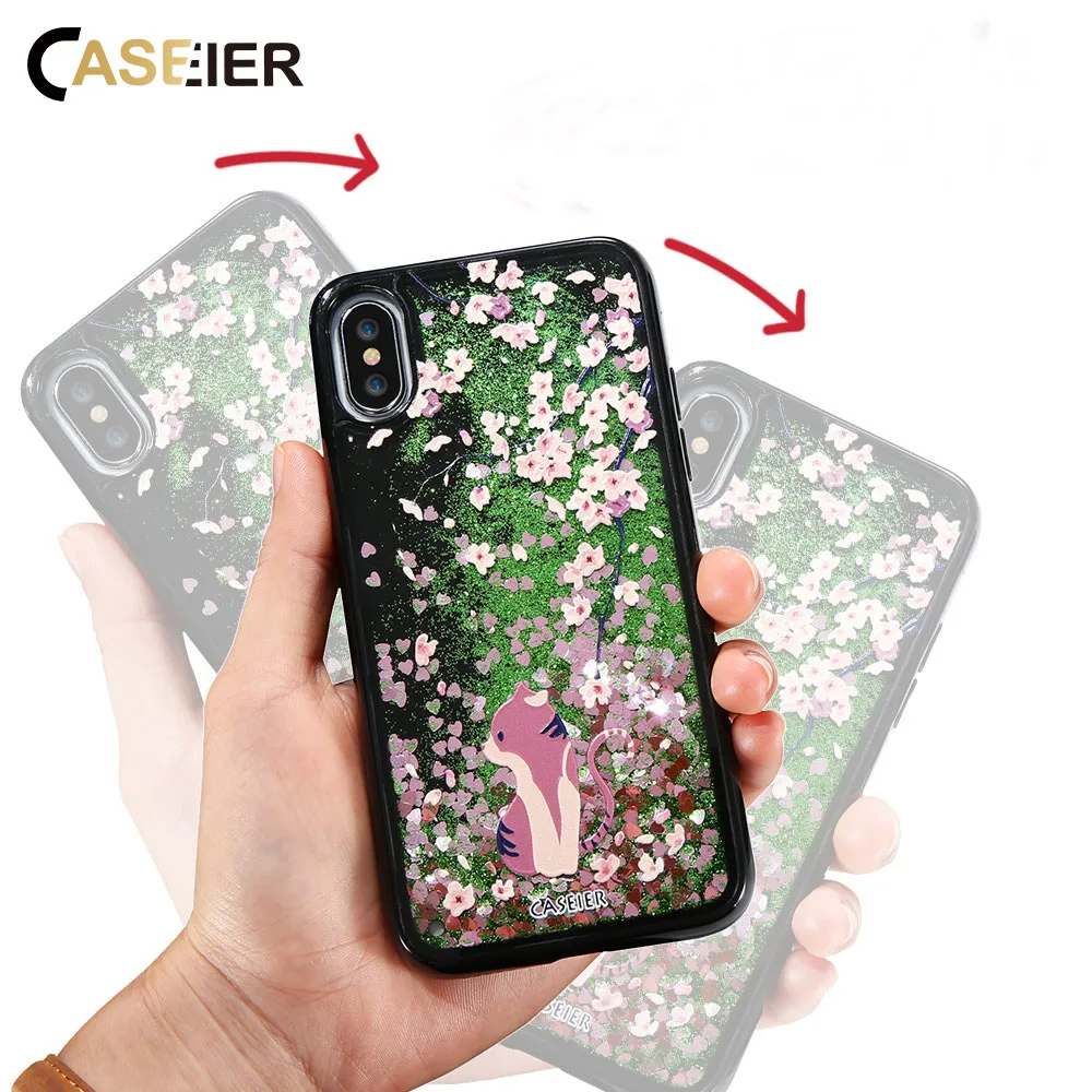 

CASEIER Bling Cherry Flower Case For iPhone 6 6s Plus Liquid Quicksand Cat Cover For iPhone X 6s 7 8 Plus Cartoon Patterned Capa