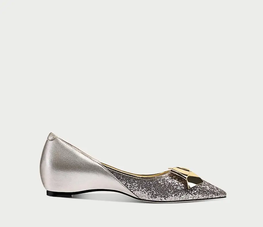 

2018 Spring and Autumn new flat heels European and American fashion sequins inner slope and pointed bow bow women's singles shoe