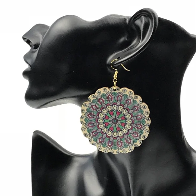 

Bohemia Handmade Wood Wooden Earings for Women Jewelry Flower Print Drop Dangle Earing Long Big Earrings Jewelry 2018 New