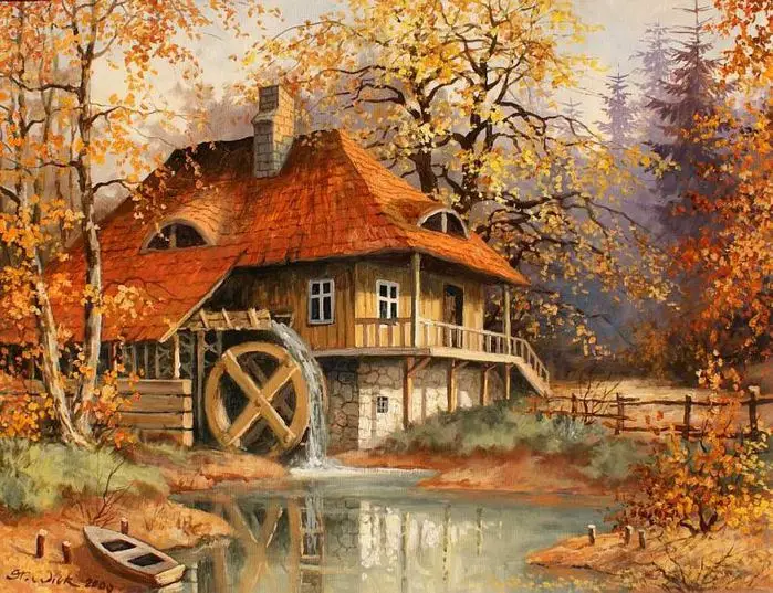 

ONEROOM Autumn Forest House Scenic Waterwheel Embroidery Needlework 14CT Unprinted DMC DIY Cross Stitch Kits Handmade