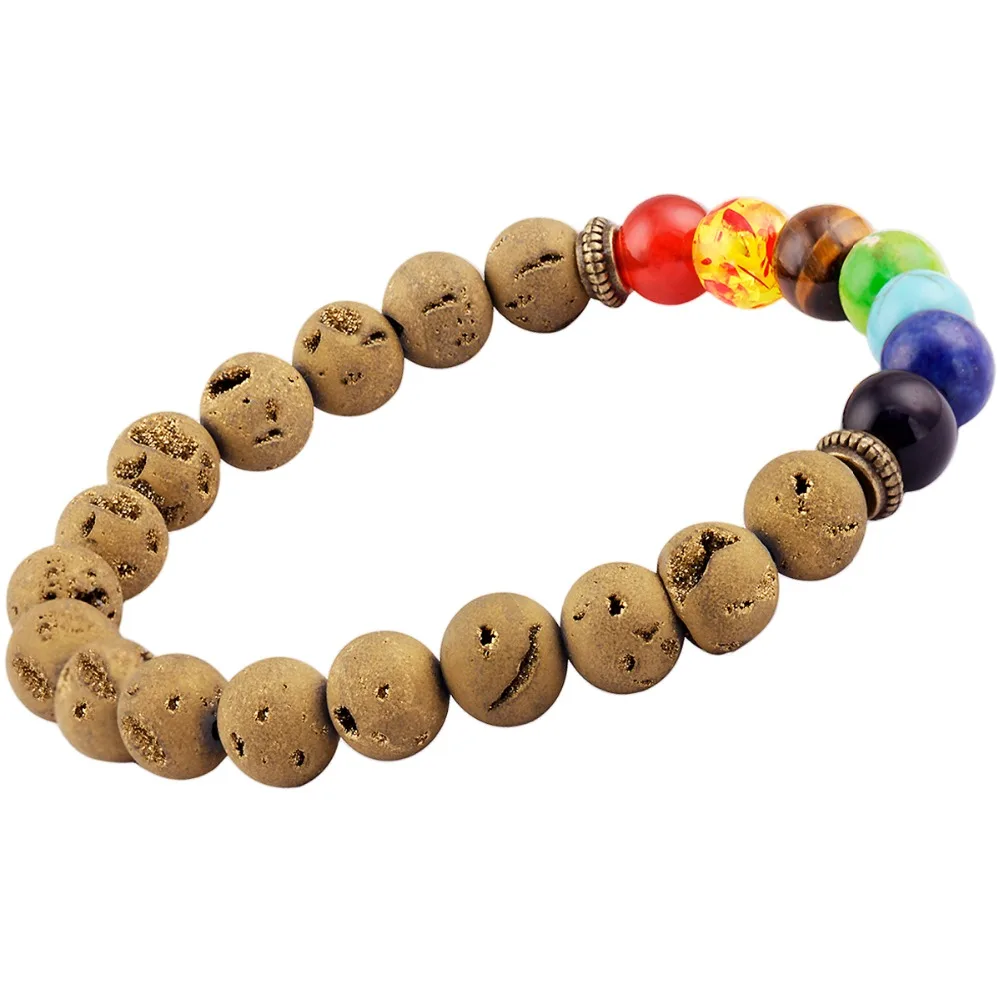 Gold Matte Lava Rock 7 Chakra Healing Energy Gem Stone 8mm Beaded Bracelet