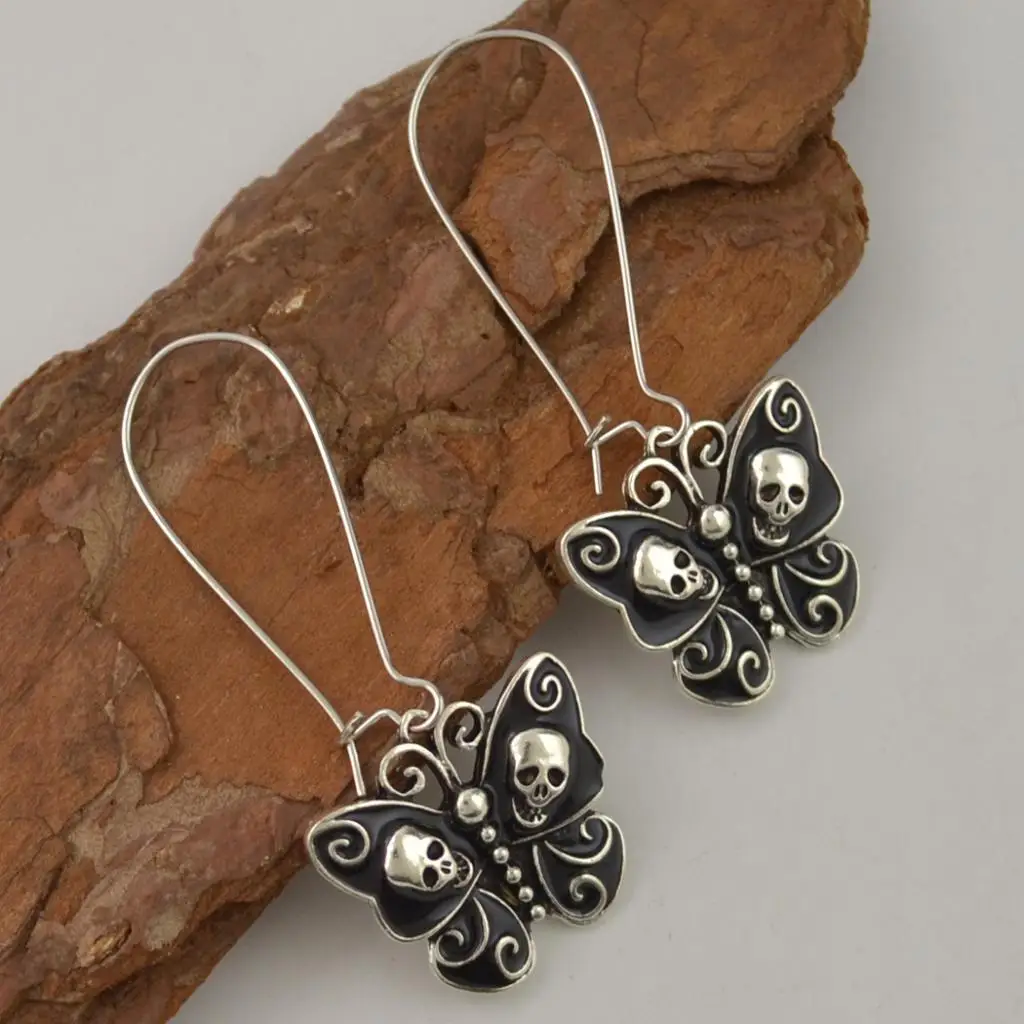 Retro Skull Butterfly Drop Earrings Black Women Halloween Earring Gothic Jewelry Gift